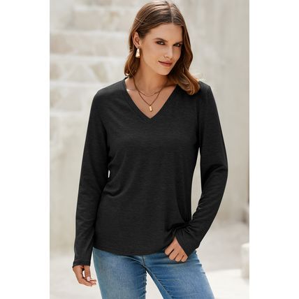 Black Solid Color V Neck Long Sleeve Stretchy Top
