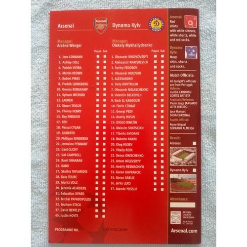 Arsenal v Dynamo Kyiv Football Programme UEFA Champions League 05/11/2003