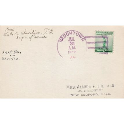 United States 1942 Rauchtown PA-New Bedford Mass Postcard Rauchtown cancel VGC