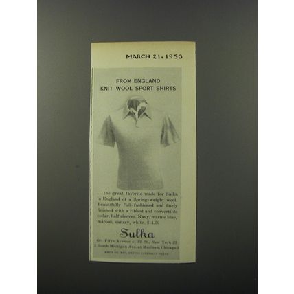 1953 Sulka Shirts Ad - From England Knit Wool Sport Shirts