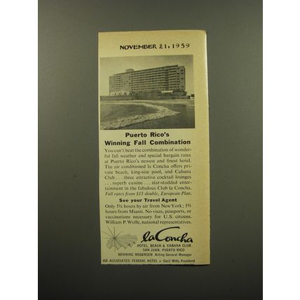 1959 La Concha Hotel Ad - Puerto Rico's winning fall combination