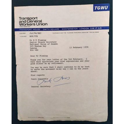 Signed letter 1978 from Jack Jones General Secretary of TGWU to Bob Fleming NUS