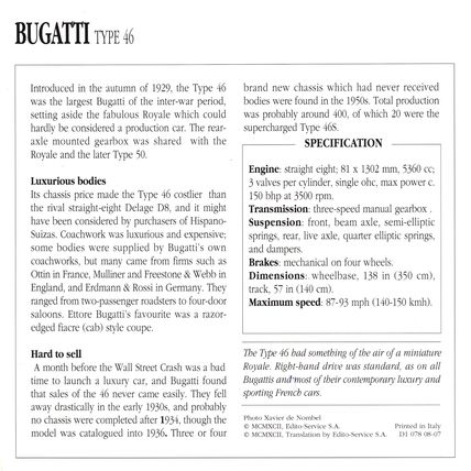 Collectors Club card. Classic Cars. Bugatti Type 46