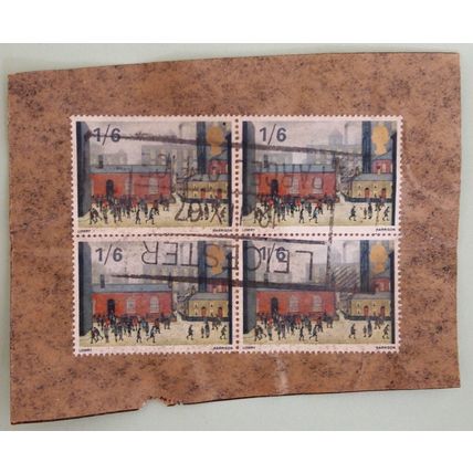 GB 1967 block of 4 Lowry 1s6d on paper franked Leicester Parcels Office SG750