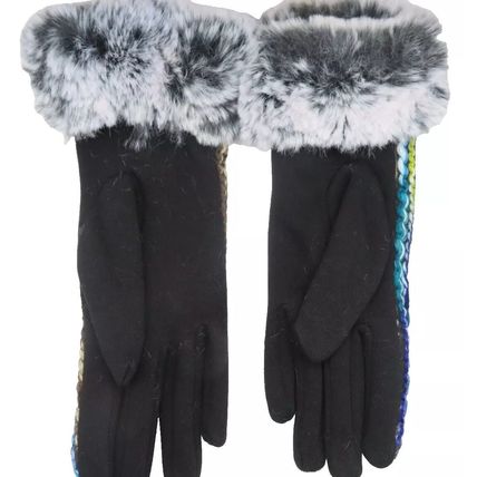 Ladies Gloves Stripy Black, Blue & Green Faux Fur Trim Accessory 26.5 CM