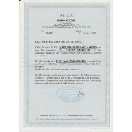 Mi: 137wby MNH 1945 SBZ Certificate Cat € 500