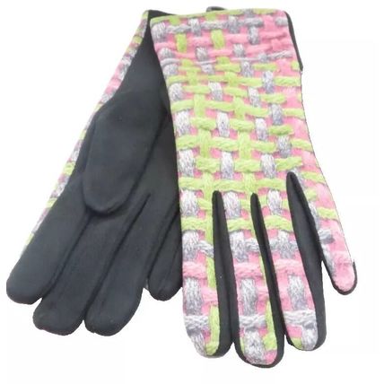 Ladies Gloves Pink & Green Weave Detail with Black Back 23 CM Clothing Accessory