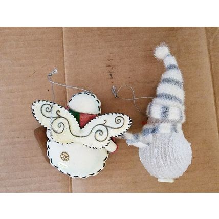 2 Snowman Christmas Ornaments Winged Ceramic & Plastic Also Light Cover