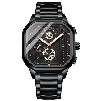 BINBOND B6577 30M Waterproof Luminous Square Quartz Watch, Black Leather-Rose Go
