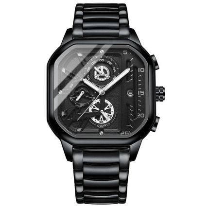 BINBOND B6577 30M Waterproof Luminous Square Quartz Watch, Black Leather-Rose Go