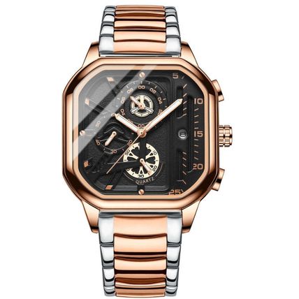 BINBOND B6577 30M Waterproof Luminous Square Quartz Watch, Black Leather-Rose Go