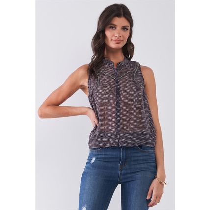 Women's Purple & Multi Sleeveless Mock Neck Front Button Down Sheer Blouse Top