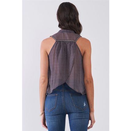 Women's Purple & Multi Sleeveless Mock Neck Front Button Down Sheer Blouse Top
