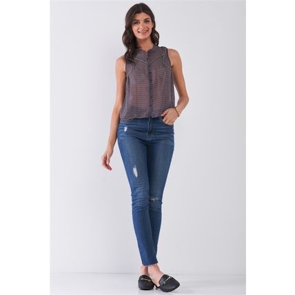 Women's Purple & Multi Sleeveless Mock Neck Front Button Down Sheer Blouse Top