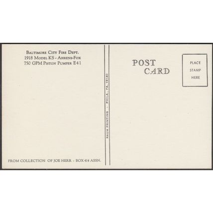 Baltimore City FD 1918 Model KS Ahrens-Fox - Raum Postcard