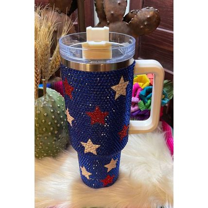 Dark Blue Star Shape Rhinestone Handle Large Vacuum Cup 40oz
