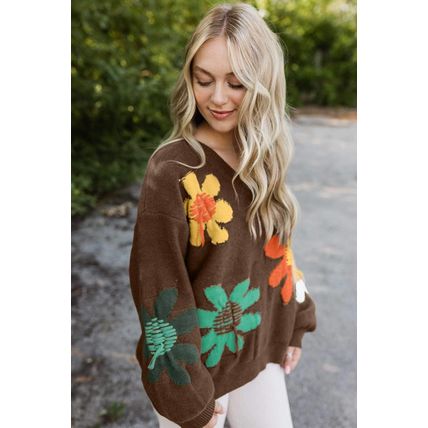 Coffee Big Flower Pattern V Neck Drop Shoulder Sweater