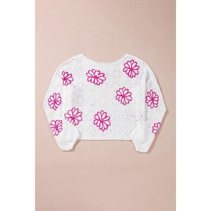 White Contrast Flower Print Eyelet Drop Shoulder Sweater