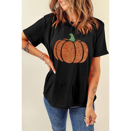Black Glittering Pumpkin Graphic Halloween T Shirt