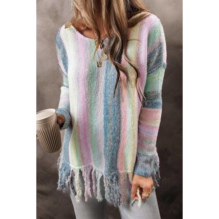 Purple Color Block Fringed Drop Shoulder Tunic Sweater