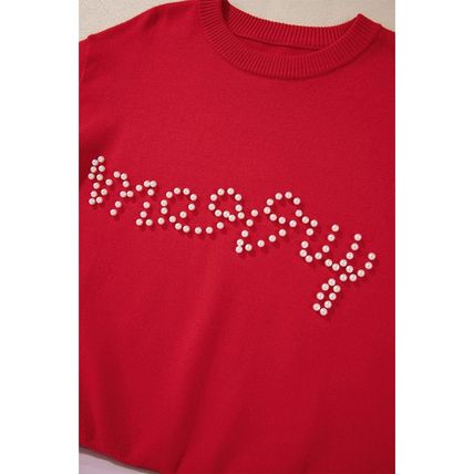 Fiery Red Pearl Beaded Merry Casual Sweater