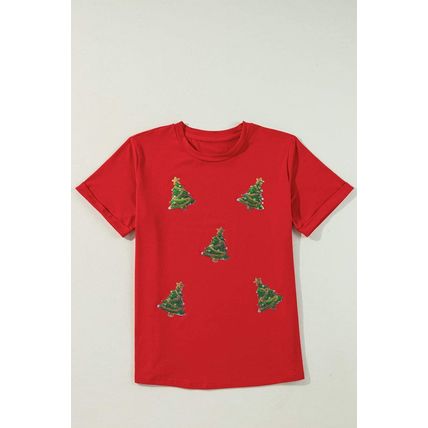 Red Sequined Christmas Tree Graphic Crewneck T Shirt
