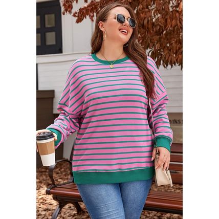 Pink Stripe Waffle Knit Crew Neck Plus Size Sweatshirt