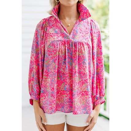 Purple Plus Size Floral Print Puff Sleeve V Neck Blouse