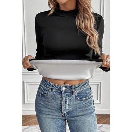Black Mock Neck Thermal Lined Long Sleeve Tee