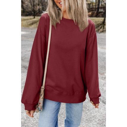 Burgundy Plain Drop Shoulder Crewneck Pullover Sweatshirt