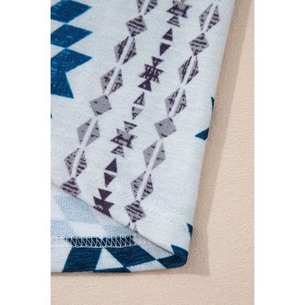 Sky Blue Western Aztec Printed Open Front Long Cardigan