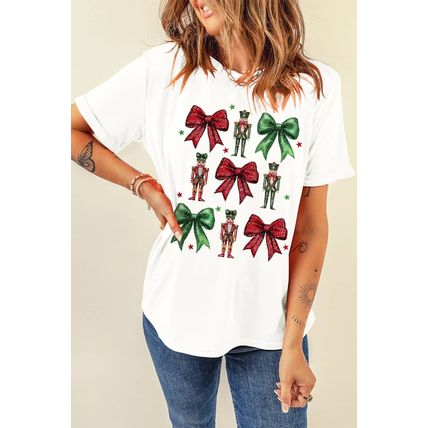 White Bowknot Nutcracker Printed Crewneck Christmas T Shirt