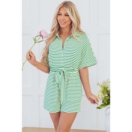 Green Stripe Textured Short Sleeve Collared Buttoned Waist Tie Romper