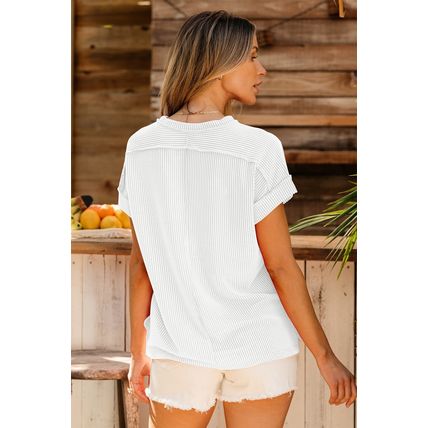 White Textured Knit Exposed Stitching T-shirt