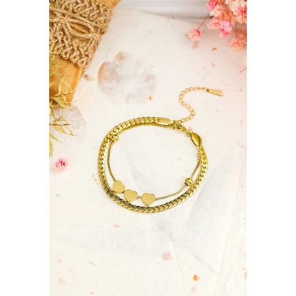 Gold Triple Heart Double Layer Adjustable Chain Bracelet