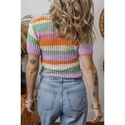 Orange Colorblock Striped Pointelle Knit V Neck Buttoned Crop Short Sleeve Sweat