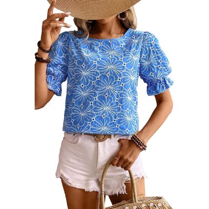 Sky Blue Eyelet Flower Embroidery Frilled Short Puff Sleeve Blouse