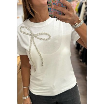 White Rhinestone Bow Embellished Round Neck Tee