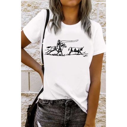 White Western Rodeo Graphic Casual T Shirt