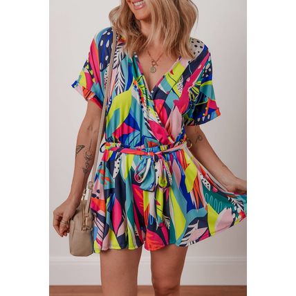 Multicolour Tropical Printed Surplice Neck Tie Waist Romper