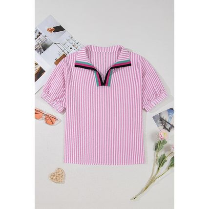 Sachet Pink Striped Print Contrast Split Neck Dolman Sleeve Blouse