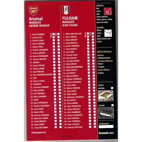 Arsenal v Fulham Football Programme Premiership 01/02/2003