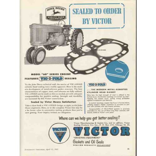 victor mfg gasket company 1953 john deere sealed to order vintage ad
