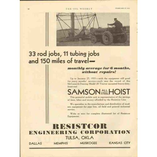 resistcor engineering corp 1931 rod tubing job samson hoist vintage ad