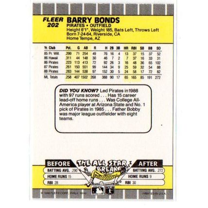 1989 Fleer Barry Bonds - Card # 202