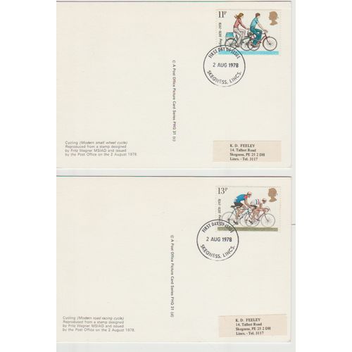 PHQ cards First Day Covers 1978 Cycling 11p & 13p Skegness pm rear franked