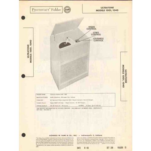 ULTRATONE model 1001 1040 record changer phono Sams Photofact manual