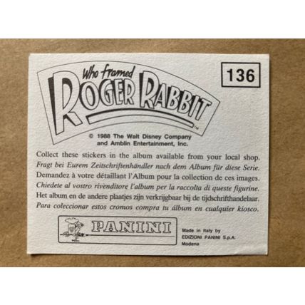Who Framed Roger Rabbit Sticker # 136 (C) unused 1988 Panini Disney