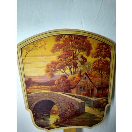 Hand Church Fan - Country Fall Scenery/ Cardstock Fan, Wooden Handle - Advert