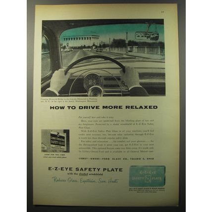1953 Libbey Owens Ford E-Z-Eye Safety Plate Glass Ad - How to drive more relaxed
